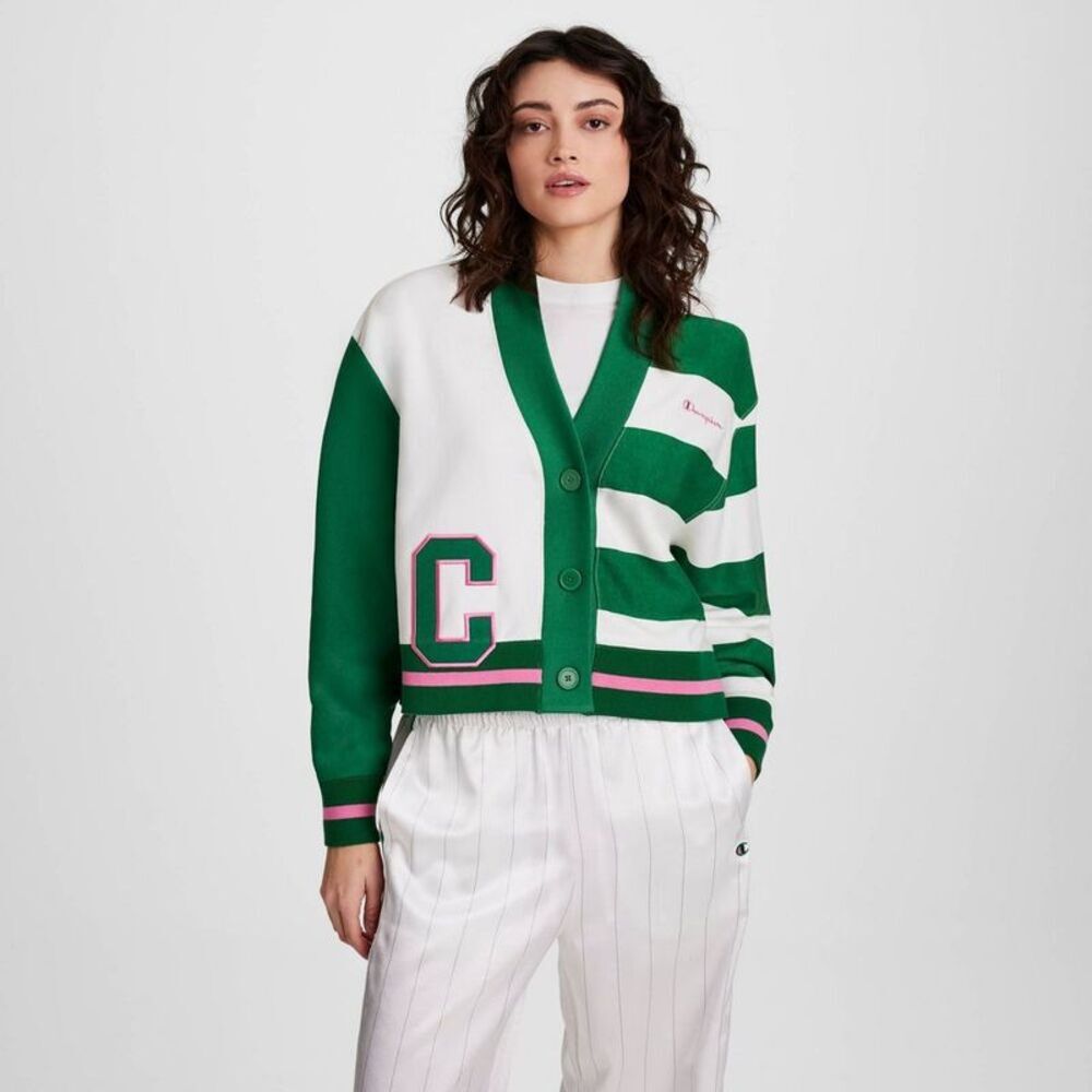 Champion Women's Collegiate Cardigan - White/Green Striped XXL